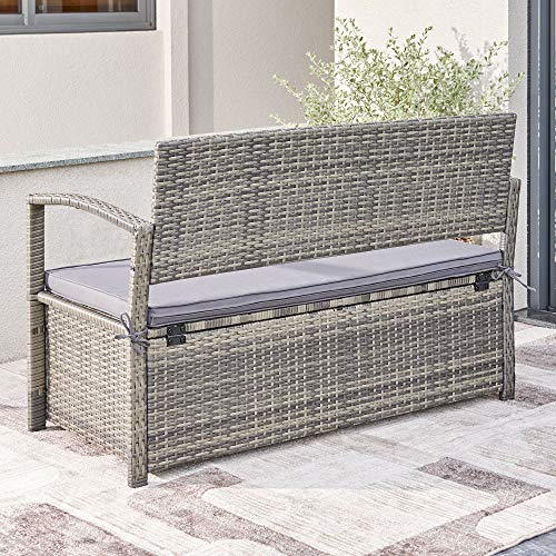 Vifah V1924 Gabrielle All-Weather Resin Wicker Lounge Patio Sofa Storage Bench In Grey With Cushion, Gray #TOP3