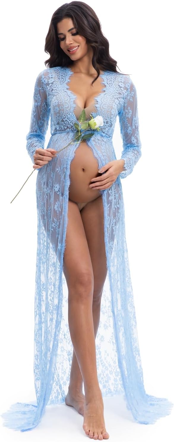 COSYOU Open Belly Maternity Dresses for Photography Cardigan Lace Bridal Robe See Through Dress Maxi Gown with Cute Tail