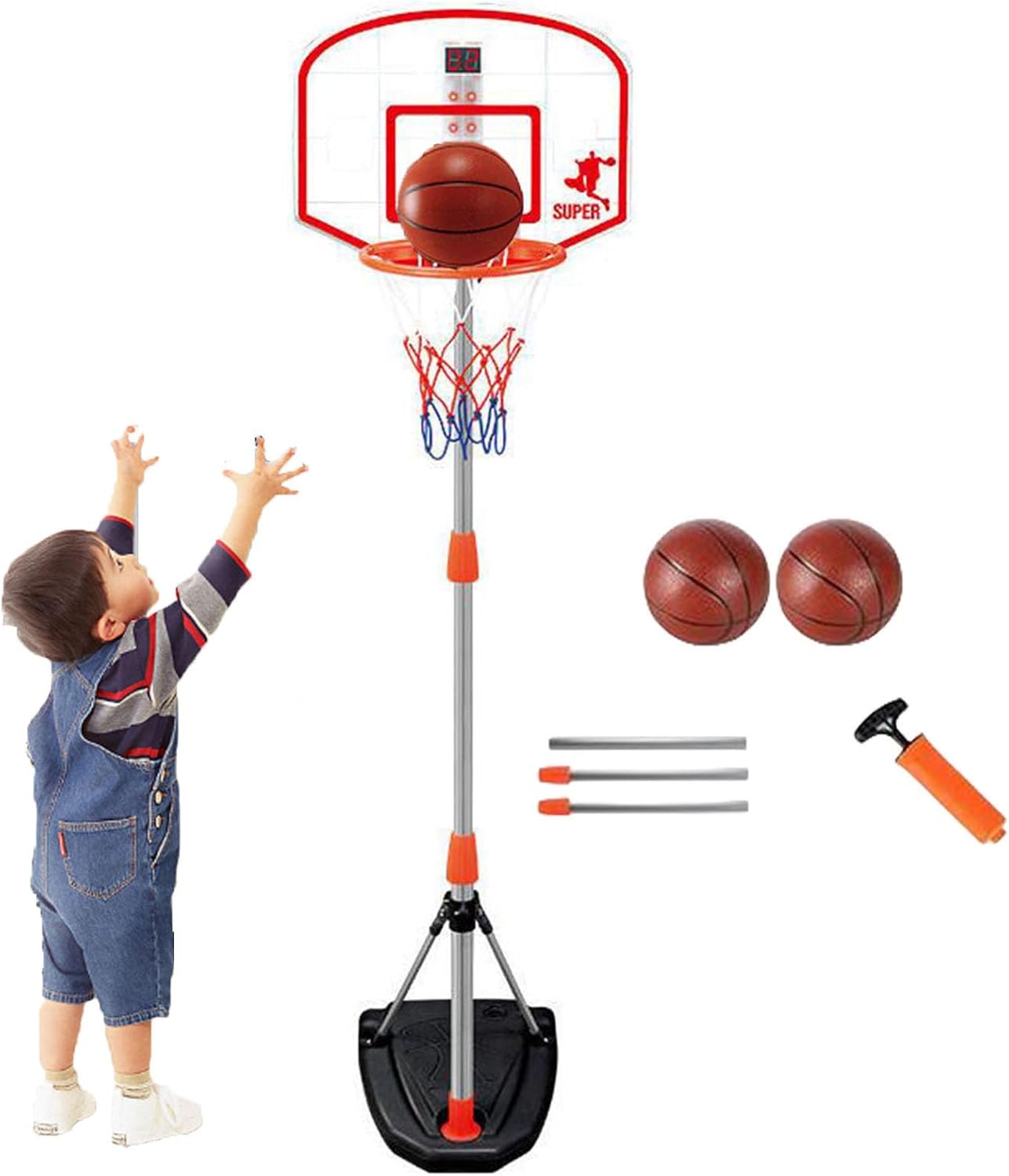 SASATO バスケットゴール 室内 外遊び 小学生 子供用 【自動採点/効果音 LEDライト付き 110-170cm高さ調節可能】 知育玩具 自立式 収納便利 家庭用 自宅用 ボール2個 安定三角構造 ストレス解消 運動不足 誕生日 子供の日 プレゼント 男の子 ギフト 新年 屋外 室内