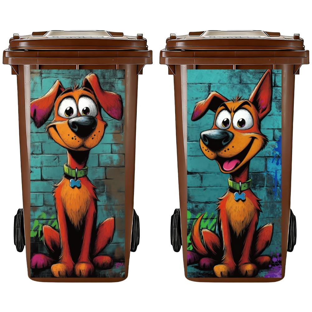 PRESSINART 2Pcs 2 Styles Wheelie Bin Stickers 15 x 32 Inch Waterproof Self Adhesive Vinyl Dustbin Labels, Garbage Can Decals Funny Dog Pattern for Trash Bins Yard Garden Outdoor Indoor Home Decor