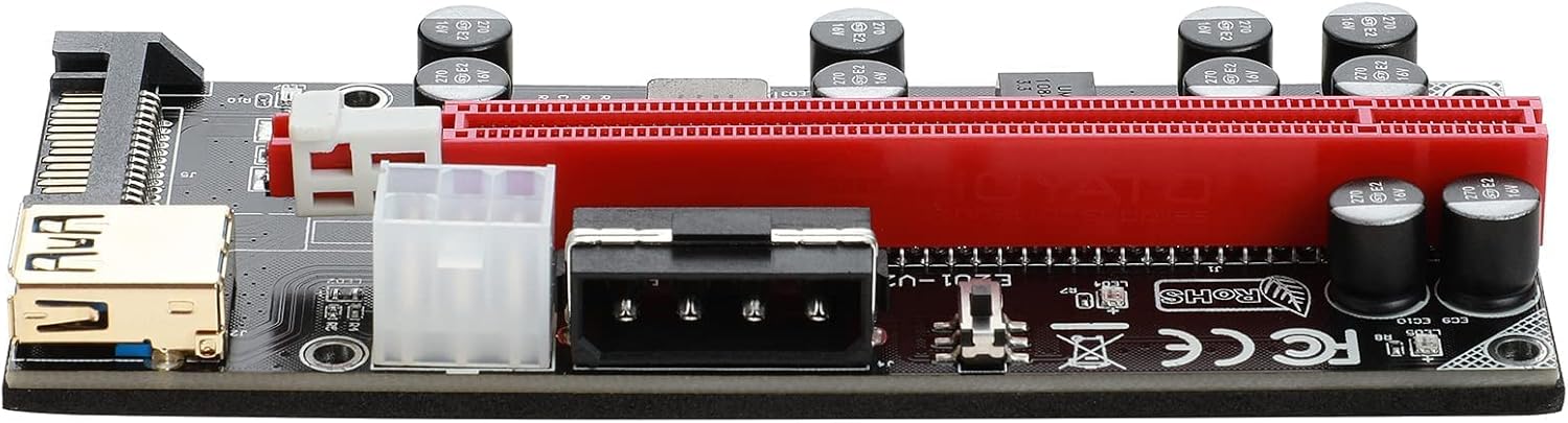 GPU Riser Adapter Card PCIe 1x to 16x for Bitcoin Litecoin ETH Mining, PCIe 6pin/Molex 4pin/SATA 15pin Interface, Linux Compatible, Desktop, 6 Pack