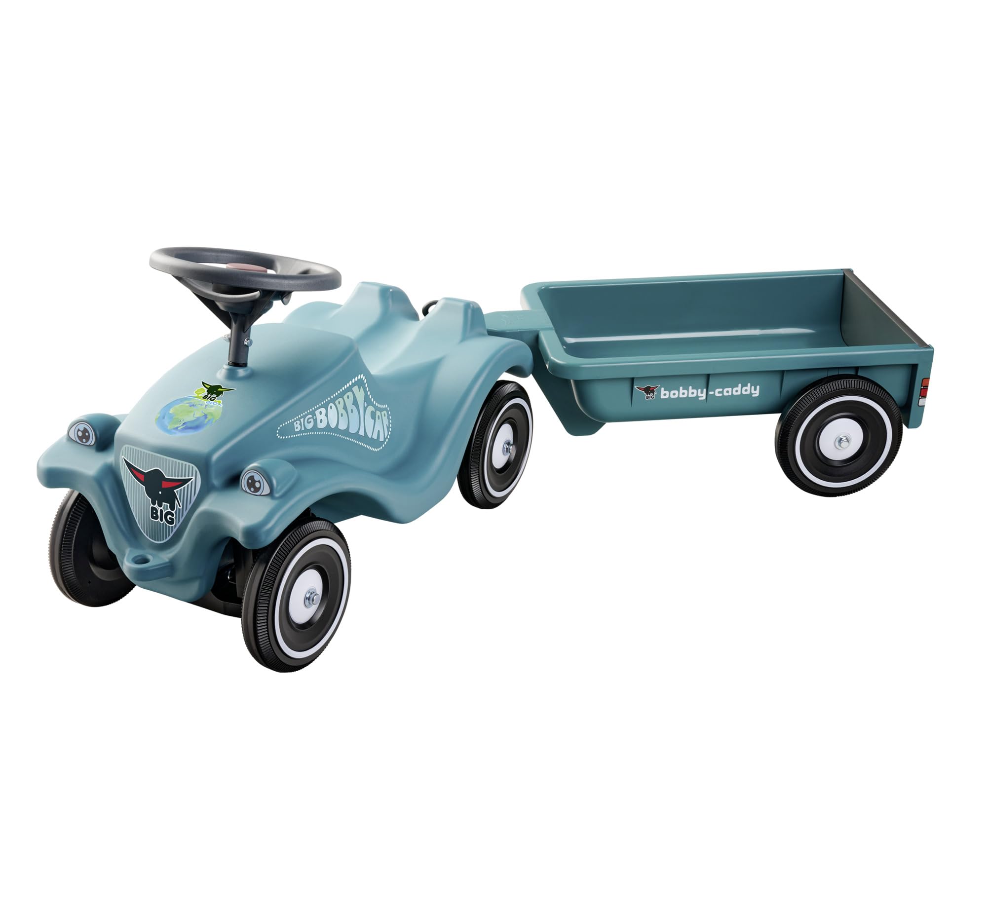 Big Bobby Car Classic Eco 2.0 mit Anhänger - Rutschauto ab 1 Jahr aus Recycling-Material mit Caddy, Lenkrad und Hupe, für Kinder ab 1 Jahr (bis 50 kg), Türkis mit Grau