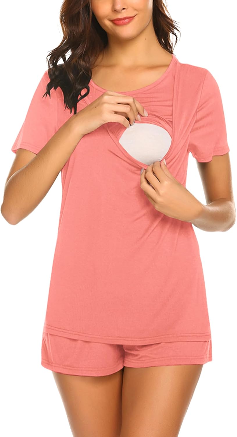 Ekouaer Maternity Pajamas Nursing Pjs for Breastfeeding Shirt and Adjustable Maternity Short Postpartum Sleepwear - Image 2