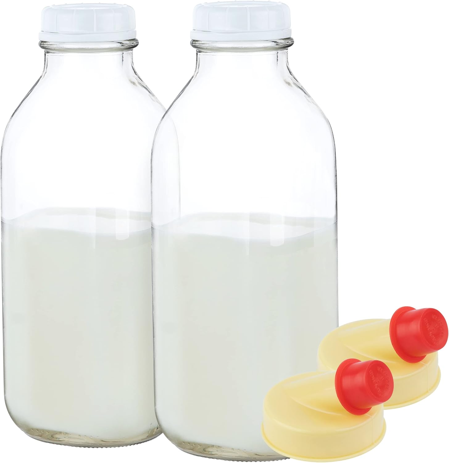 kitchentoolz 32 Oz Square Glass Milk Bottles with Lids, Perfect Glass Milk Container for Refrigerator - 1 Liter Jugs with Tamper Proof Lid and Pour Spout - Pack of 2