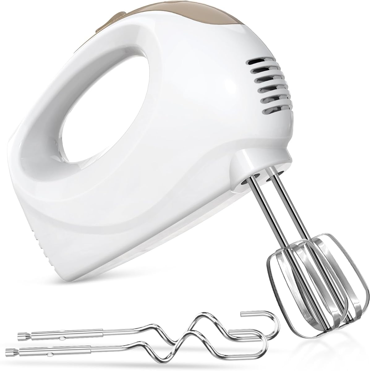 Batidora de mano eléctrica Showvigor con 5 batidores de acero inoxidable, 5 velocidades, blanco | Batidor eléctrico portátil para cocina, batidor de alimentos para batir galletas