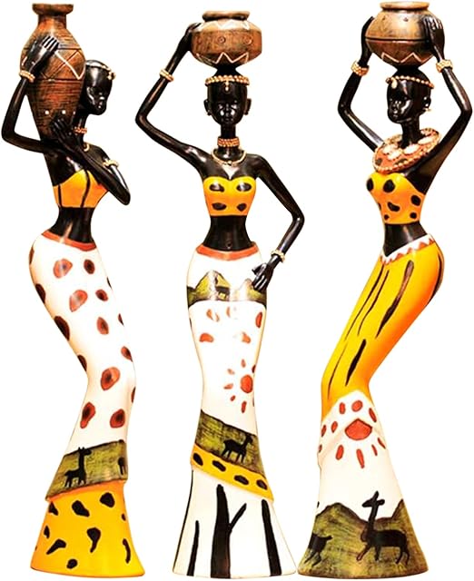 3 Piece Set African Women Figure Art Statues Girls Tribal Lady Figurine Statue Decor Collectible Art Piece Vintage Gift Craft Doll Stand W4545-3Pcs Yellow