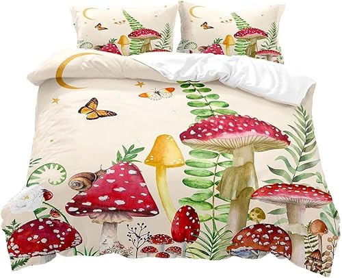 LUVIVIHOME Juego de 3 piezas de ropa de cama de hongos rojos, funda de edredón beige matrimonial, ropa de cama para niños y niñas, ropa de cama