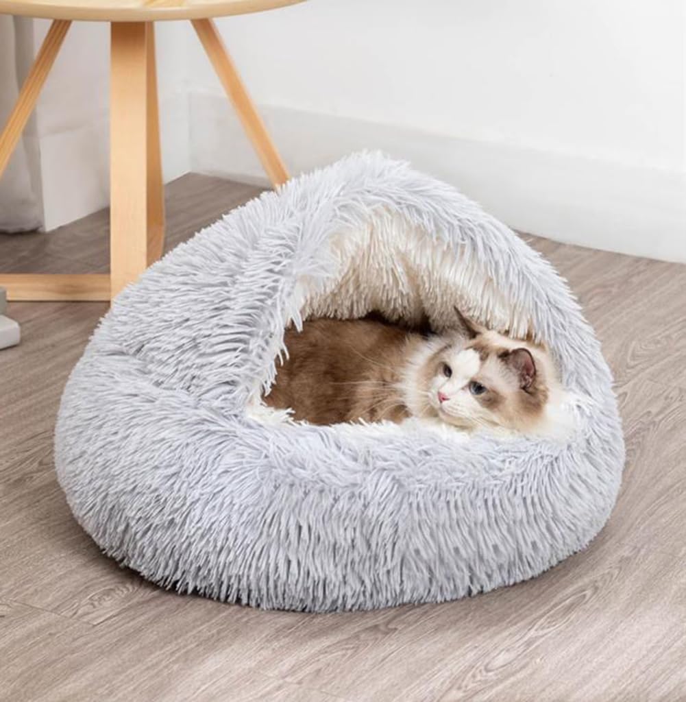 Yuly Panier Chat, Panier pour Chien, Semi-fermé, Coussin Apaisant pour Chats, Lit Moelleux en Peluche pour Animaux, Canapé, Lavable et Anti-anxiété, Antidérapant (Café)