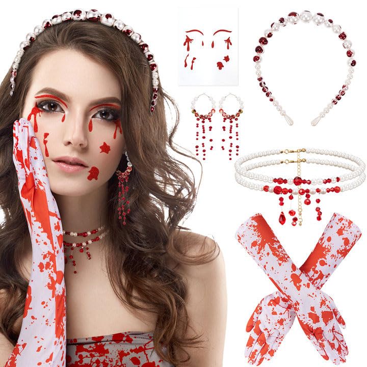 HOWAF Halloween Dripping Blood Necklace, Choker, Pearls Earrings, Headband, Bloody Gloves, Blood Tattoo Face Stickers for Women, Girls Zombie Vampire Costume