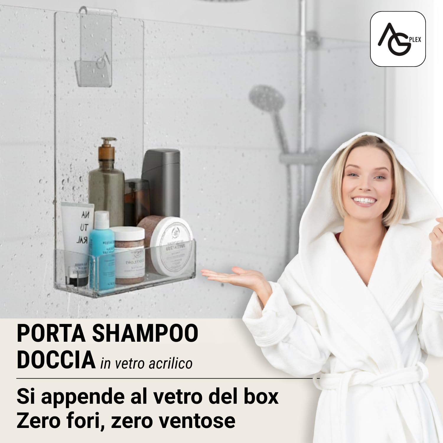 AGPLEX Porta Shampoo Doccia da Appendere in vetro acrilico plexig. cm 24x20xh45, mensola doccia con porta asciugamani, organizer Bagno (Senza Mensolina, Spessore fino a 15mm) - Made in Italy