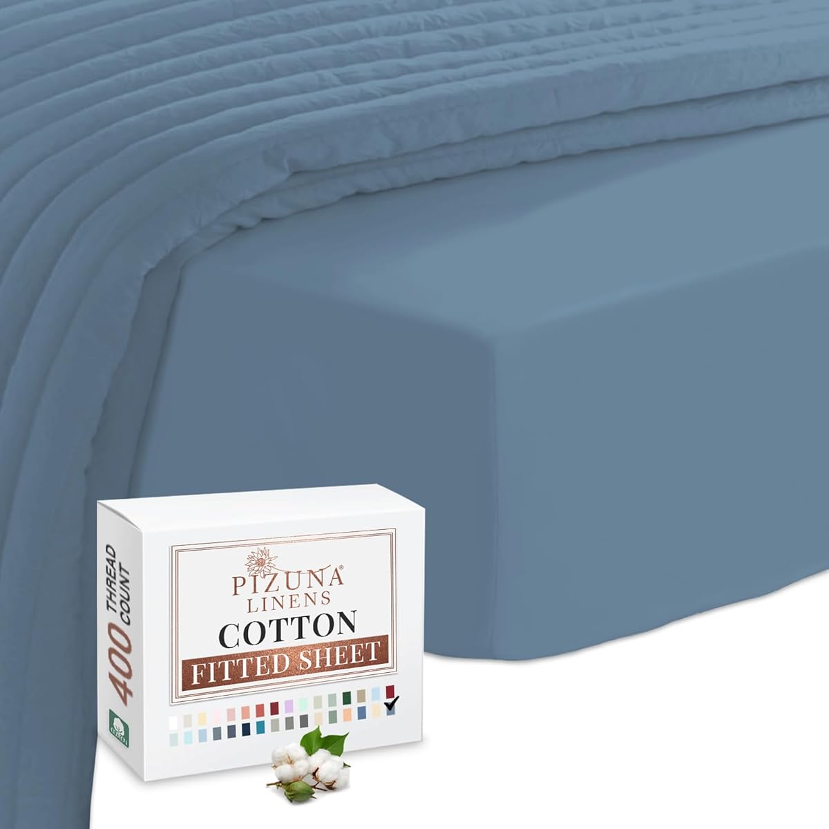Pizuna 100% Cotton King Size Fitted Sheets Dusty Blue, 400 Thread Count Long Staple Cotton Kingsize Fitted Bed Sheets 150x200 cm, Sateen Weave 40 cm Deep Fitted King Size Sheet 1 PC