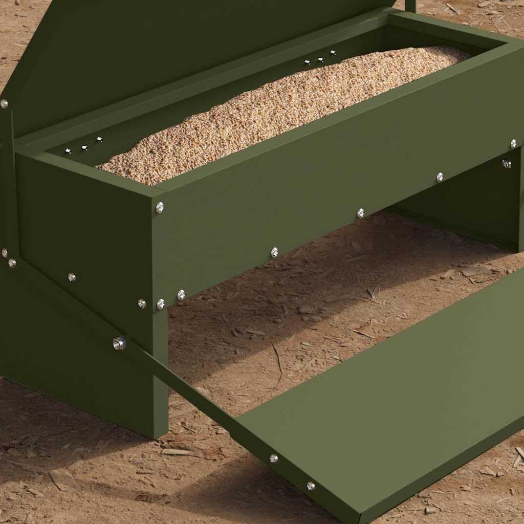 Comedero para patadas de pollo de acero laminado en frío, color verde oliva, 48,5 x 39,5 x 19 cm, capacidad de 5 kg, resistente a la intemperie, para interior y exterior, comedero automático