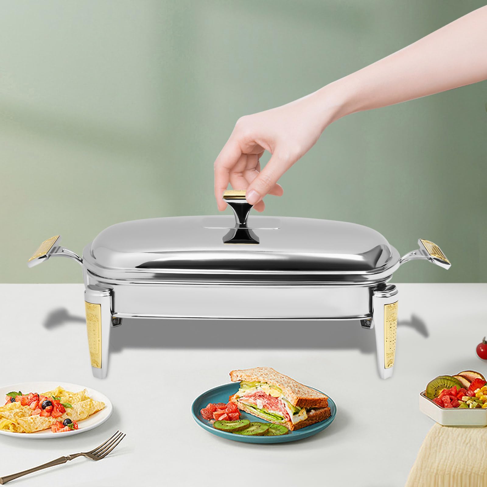 Set di stoviglie rettangolari in argento, per riscaldamento a buffet, contenitore termico per alimenti, 2,2 l, maniglie portatili, copertura in acciaio inox, bordi rotondi, per famiglie, cuc