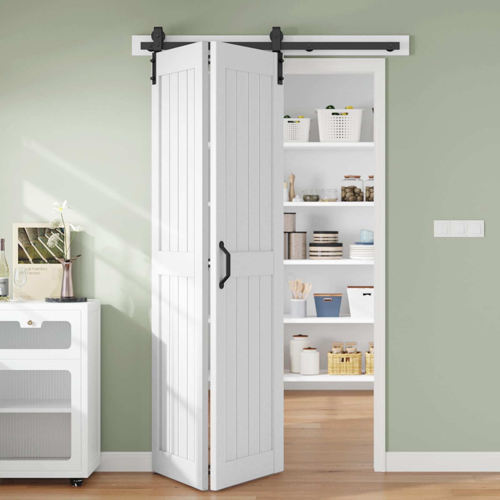 Finosen Bifold Barn Door 48 x 84 in (Double 24 inch)?Bi-fold Sliding Closet Doors with Hardware Track kit Included, 4.3ft Rail for 2 Doors, MDF Wood Panel,PVC Surface, Save Space,DIY Assembly, White