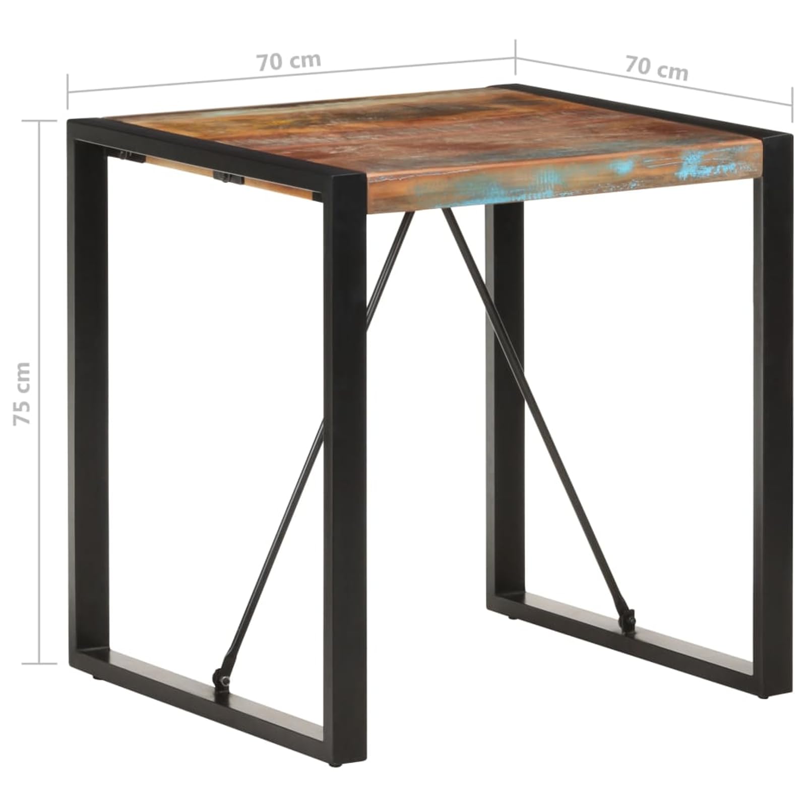 Stół do jadalni 70x70x75 cm lite drewno z recyklingu ze stalowymi nogami | Drewno z recyklingu, malowane proszkowo stalowe nogi, indywidualny rysunek słojów, odporny na warunki atmosferyczne