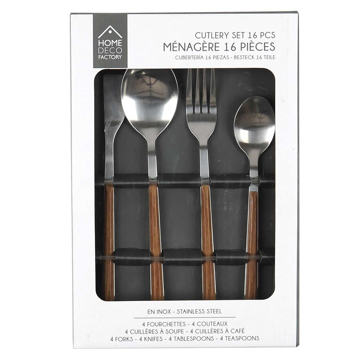 Home Deco Factory, KA5991, Set Posate Effetto Legno 16 Pezzi, Design Elegante in Acciaio Inossidabile, Resistenti e Pratiche per Tutti i Pasti, Ideali per Tutte Le Occasioni, Marrone, Argento