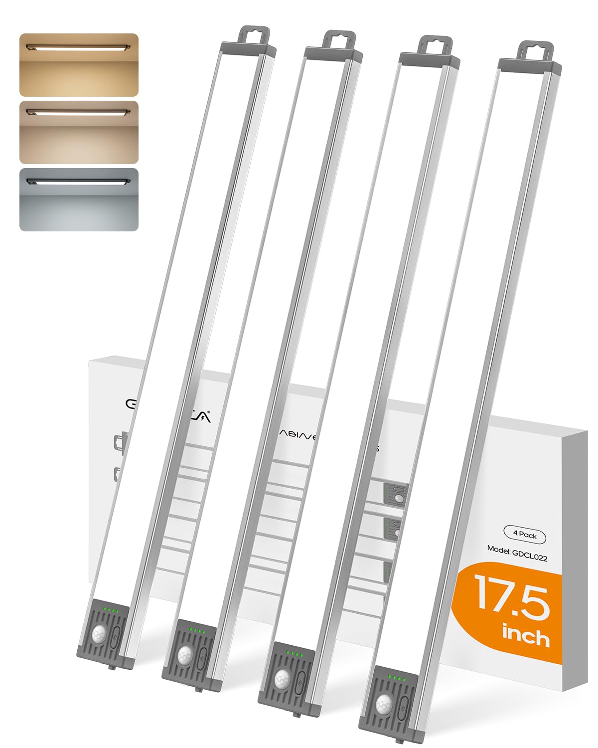 Iluminación de armario inalámbrico con detector de movimiento, batería de 2800 mAh, 50 ledes, 3 colores, regulable, iluminación para armario de cocina, armario, escaleras, luz magnética [1 pieza]