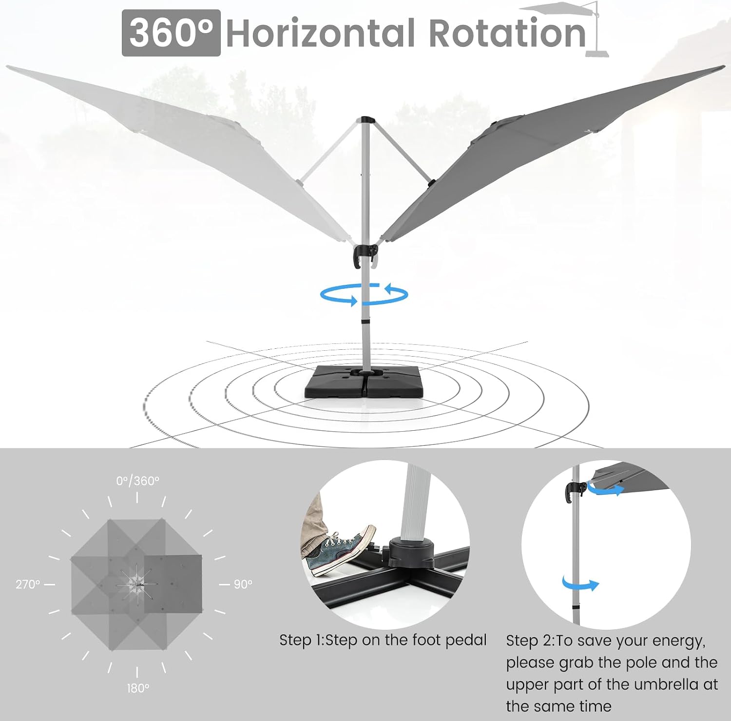 HAPPYGRILL 10 FT Patio Cantilever Umbrella, Outdoor Hanging Offset Umbrella with 360° Rotation, Tilt Adjustment, Cross Base, Vented Top, Square Market Umbrella for Garden Backyard Pool