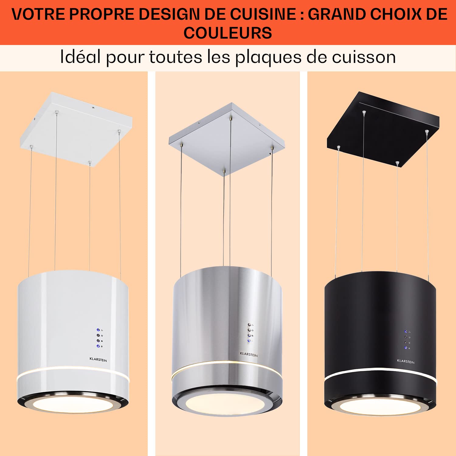 Klarstein Hotte Aspirante Ilot Central de Cuisine Silencieuse et Design, Débit d'air 521m³/h, Minuteur, 3 Modes, Contrôle via Application Mobile, Hotte Aspirante Suspendue Sans Evacuation et Charbon