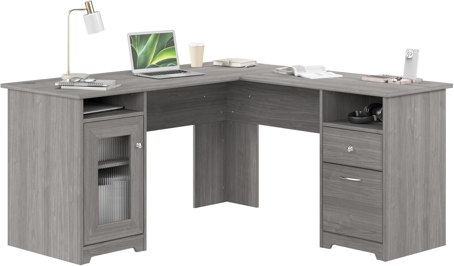 Bush Home Cabot 60W L Shaped Computer Desk with Storage in Modern Gray, 60-inch Corner Table with Drawers for Home Office Workspace