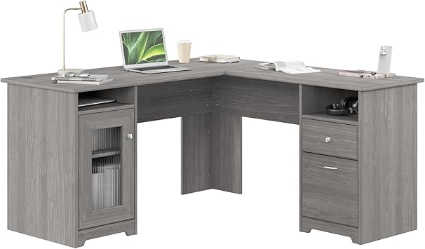 Bush Furniture Cabot L Shaped Computer Desk in Modern Gray | Corner Table with Drawers and Storage for Personal Home Office Workspace