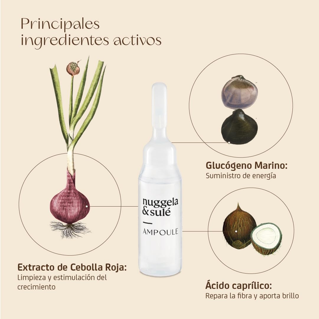 Nuggela & Sulé Ampollas Anti-Caída Efectiva. Con Extracto de Cebolla Roja. Fortalece y Frena la caída del cabello. Efecto Rápido. Tratamiento. 4 x 10 ml