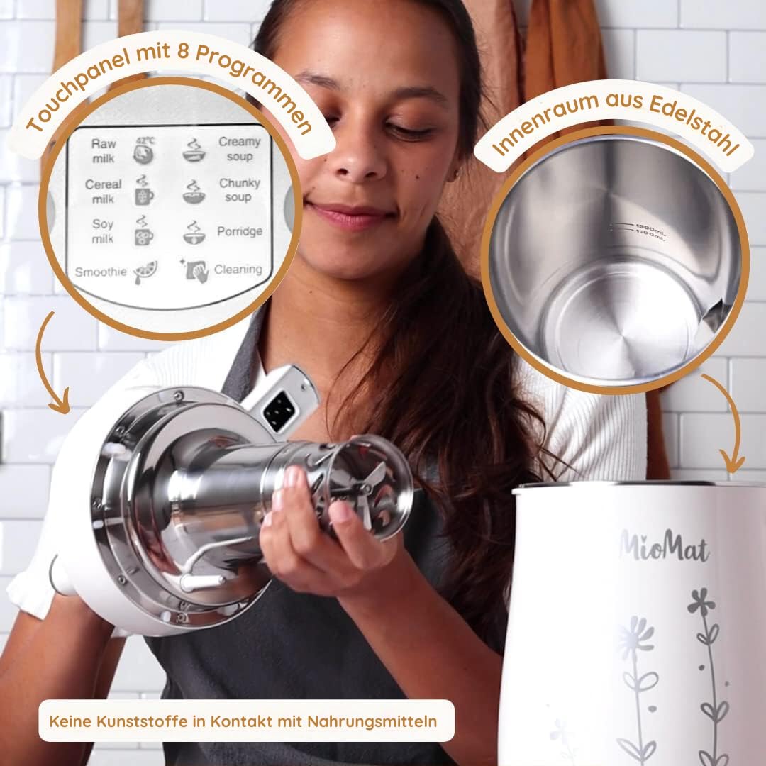 8-in-1 Pflanzlicher Milchbereiter 1,2L Mandelmilch Sojamilch Hafermilch Kokosmilch Suppen Brei Smoothies Püree Vollautomatisch