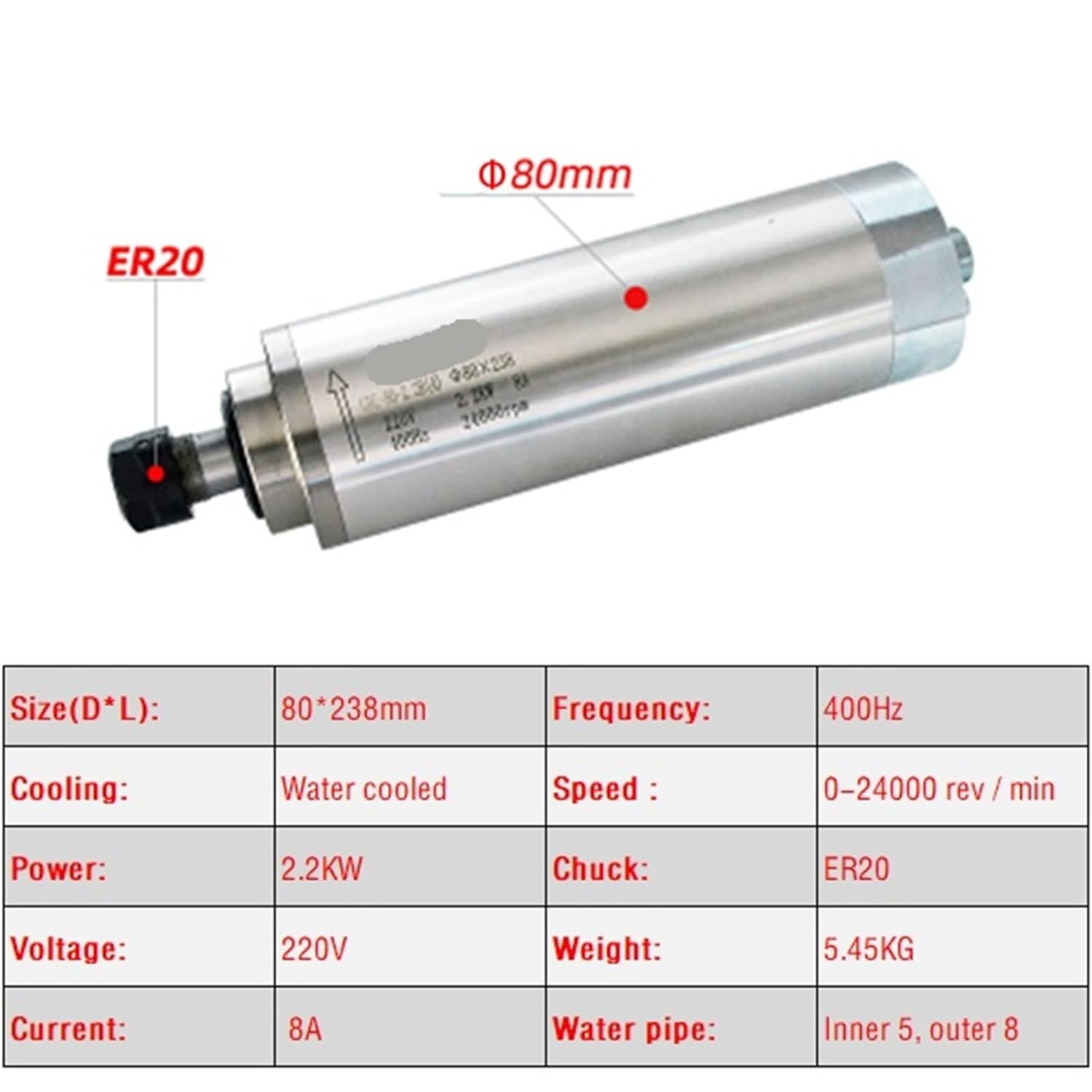 1.5KW 2.2KW CNC Spindle Motor 220V 380V Water Cooled Milling Engraving Machine Z Axis Shaft 80mm 1500W 2200W ER16 ER20 Chuck