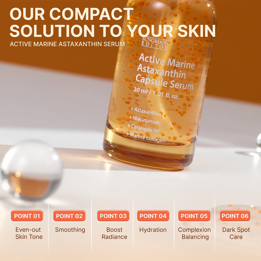 SUNGBOON EDITOR Active Marine Astaxanthin Serum | Niacinamide, Tranexamic Acid, Hyaluronic Acid, Hydrating Serum for Even Skin Tone, Korean Skin Care, 30ml,1.01 fl.oz - Image 3