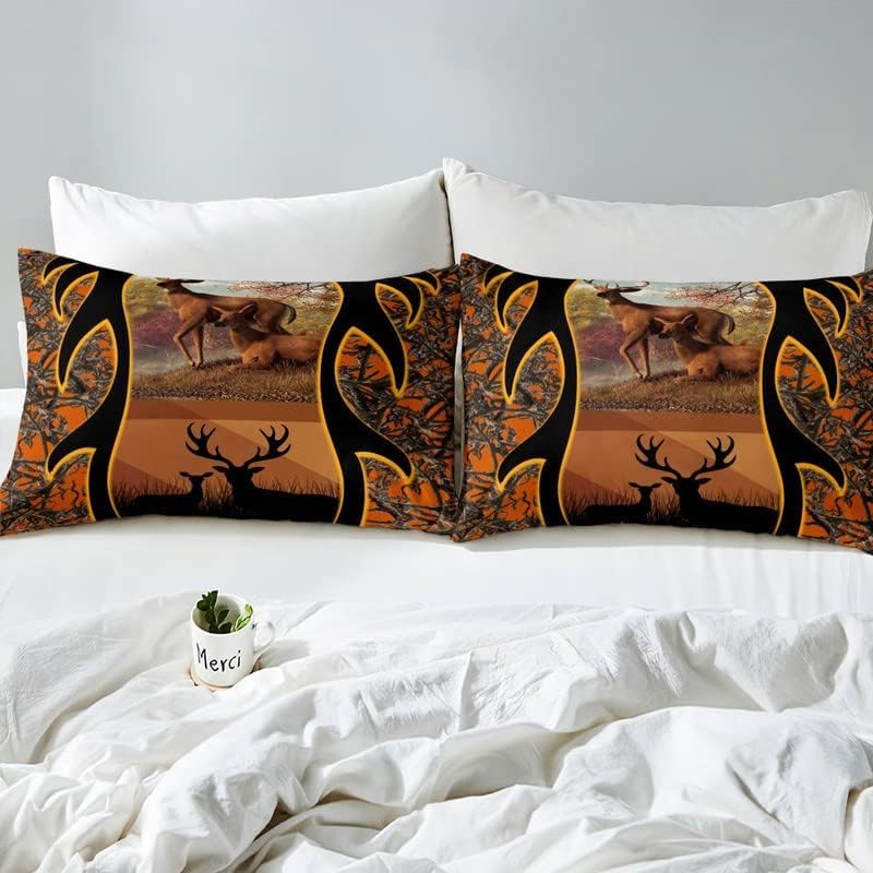 Homemissing Double Cute Deer Duvet Cover Deer Hunting Bedding Set Branches Orange Comforter Cover Set Super Soft 3D Wildlife Decoration Comforter Cover Set - Image 4