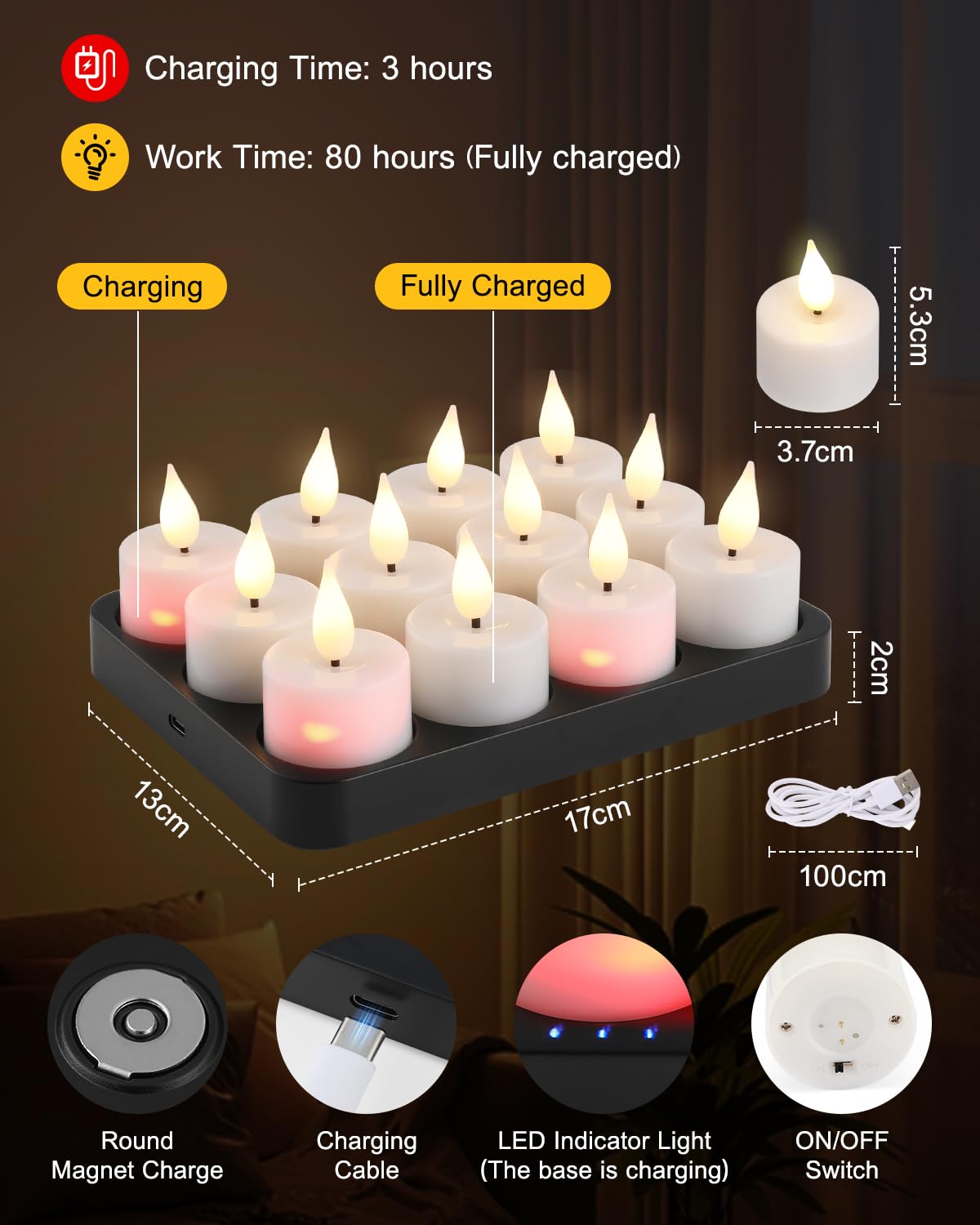 Candele Led Ricaricabili con Stazione di Ricarica Magnetica, Set di 12 Candele LED Tremolanti con Timer e 2 Telecomandi, Ideali per Natale, Halloween, Decorazioni da Tavola, Feste