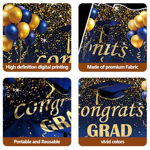 8x6 FT Graduation Backdrop Banner Congrats Grad 2026 Party Decorations Blue and Gold Graduation Photo Booth Background with Grad Cap Balloons & Fireworks Wall Decor for High School College Celebration by DewPrint - Used condition - Image 3