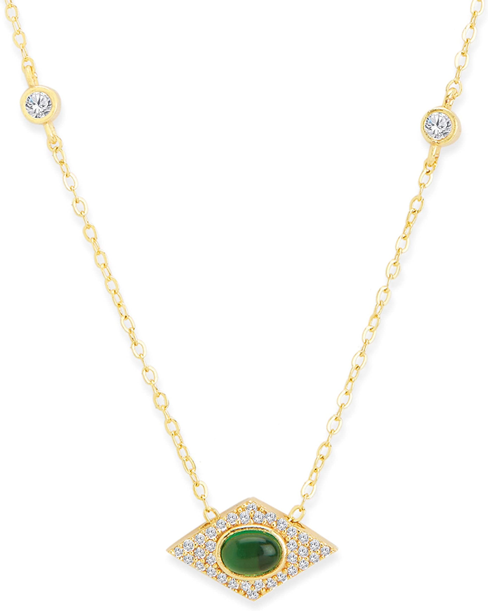 MINUTIAEGreen Cabachon Pendant Necklace With Austrian Cubic Zirconia For Women And Girls With Extendable Chain
