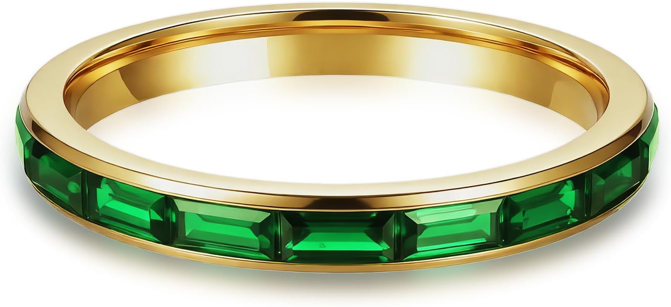 2mm Channel Set Emerald Cut Baguette CZ Eternity Ring for Women, 18k Gold Plated Minimalist Anniversary Wedding Band Stackable Rings