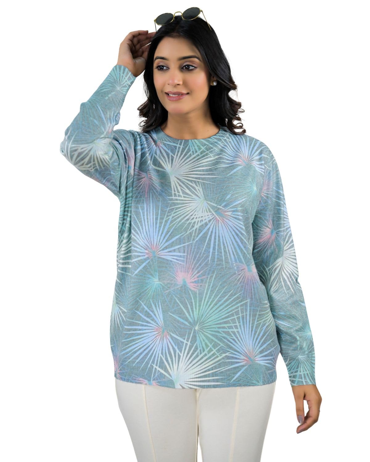 soul armor Womens Tropical Leaf Print Round Neck Knit Pullover Top Long Sleeve Relaxed Fit-picture-21
