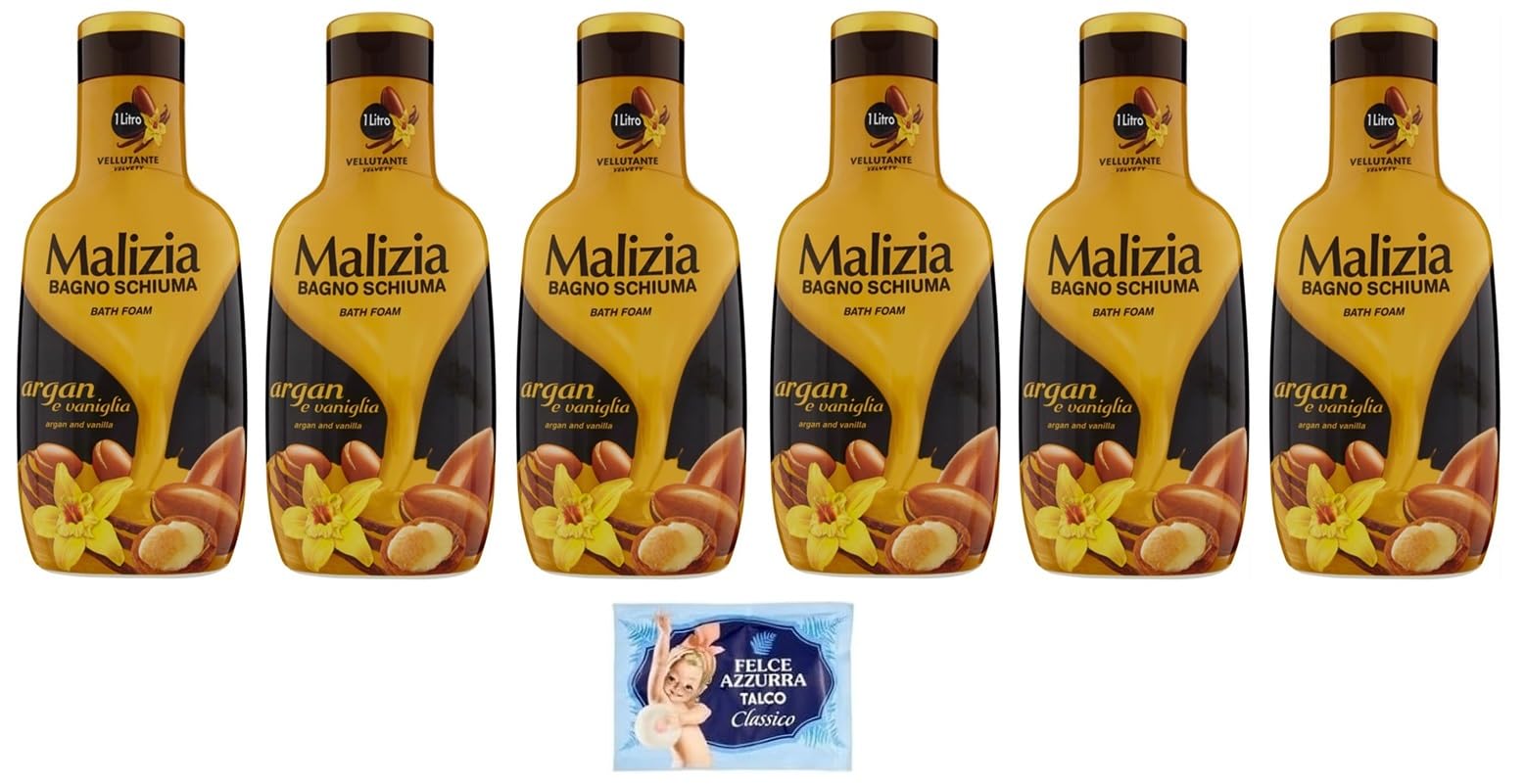 6x Malizia - Bagno Schiuma, Argan e Vaniglia - Bath Foam Bagnoschiuma 1000ml + 1 Confezione di Talco Felce Azzurra in omaggio, Busta da 100g