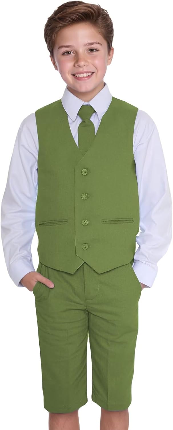 Boys Linen Suit Slim Fit Vest Shorts Shirts Tie 4 Piece Summer Beach Wedding Outfit Kids Linen Suits Set for Size 2-16 Years