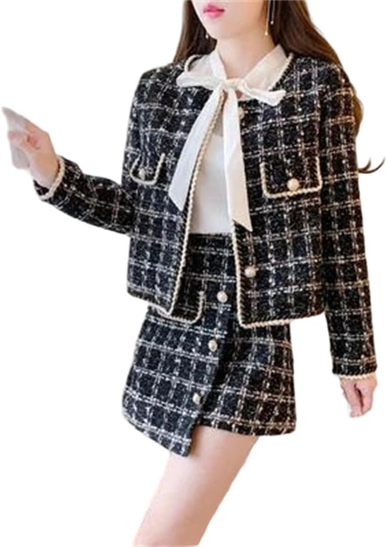 Women Tweed Two Piece Set Pearl Embroidery Jacket Irregular Skirt Outfit