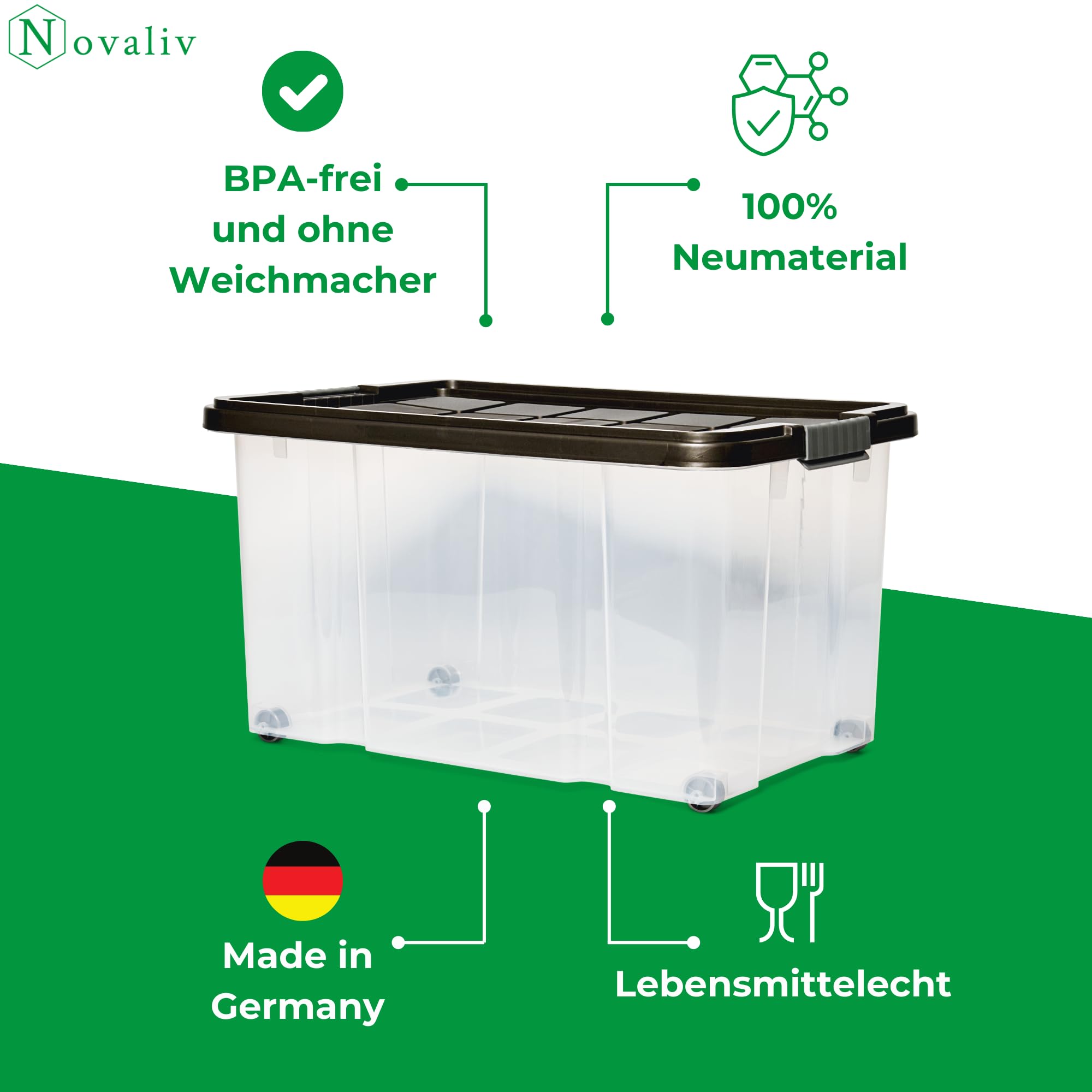 Novaliv 8 scatole portaoggetti con coperchio, grandi 55 l, colore antracite, impilabili, con chiusura a clip, in plastica, senza BPA, 61 x 40 x 32,5 cm
