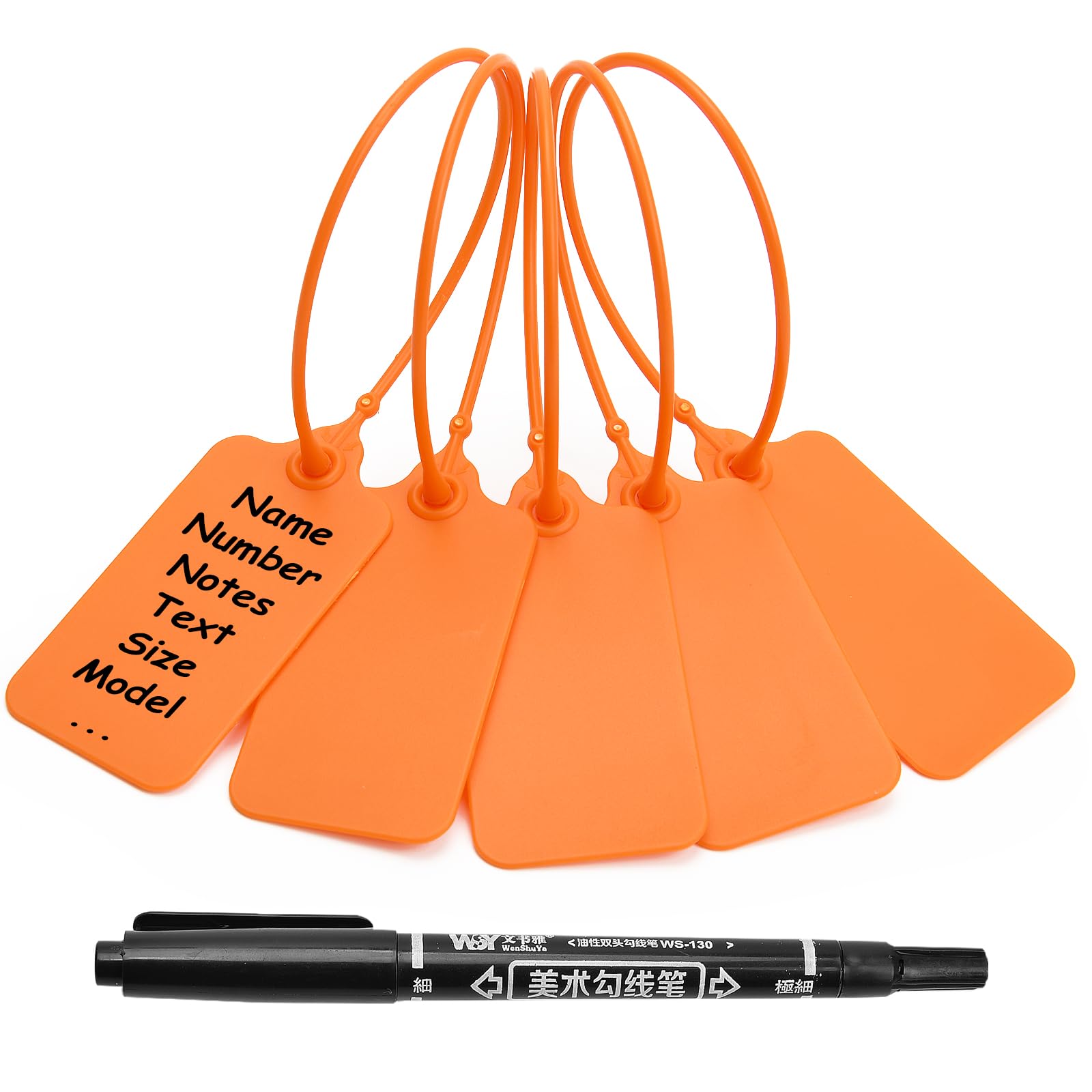 50 Orange Blank Plastic Tags for Labeling Waterproof Hanging Labels Writable Tags Seal Plastic Marking Label for Luggage Bags Keys Inventory with One Marker Pen