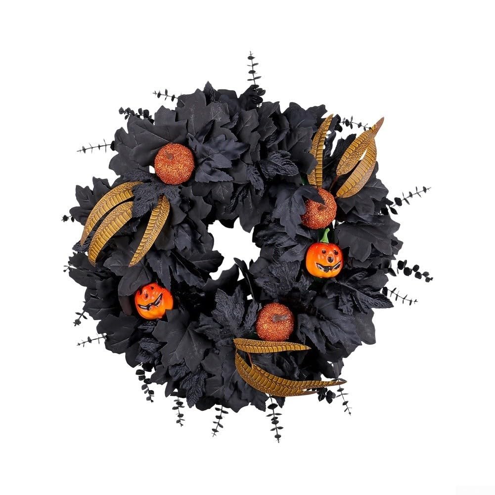 Dekoracja na drzwi Halloween 50 cm czarne realistyczne liście dynia