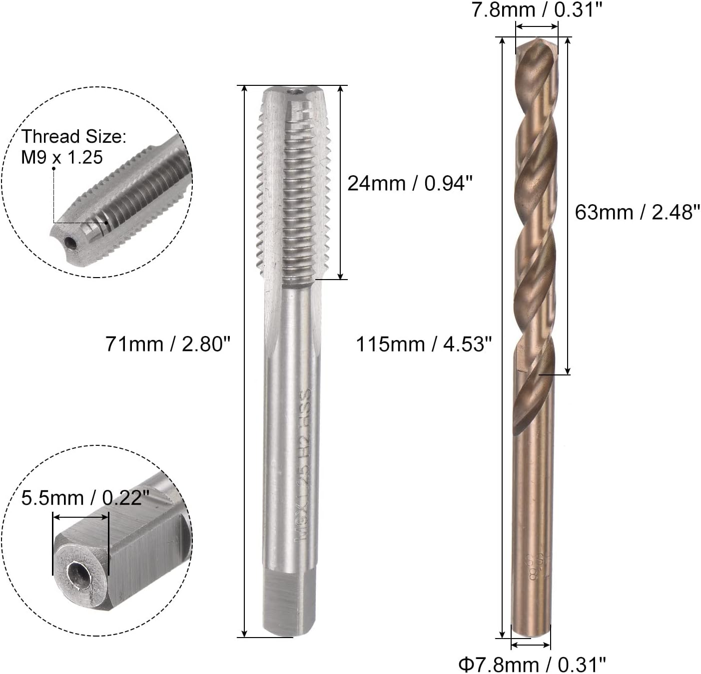 uxcell M9 x 1.25 Straight Flute Thread Tap and 7.8mm Twist Drill Bit Set, Metric M35 Cobalt High Speed Steel Machine Threading Tap Drilling Tool for Stainless Steel