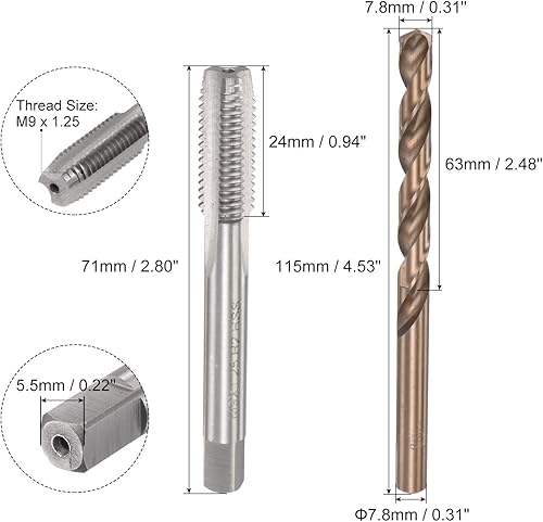 Miniatura 2 de uxcell M9 x 1.25 rosca recta flauta y 0.307 in Twist Drill Broca Set, métrico M35 cobalto alta velocidad máquina roscado herramienta de perforación