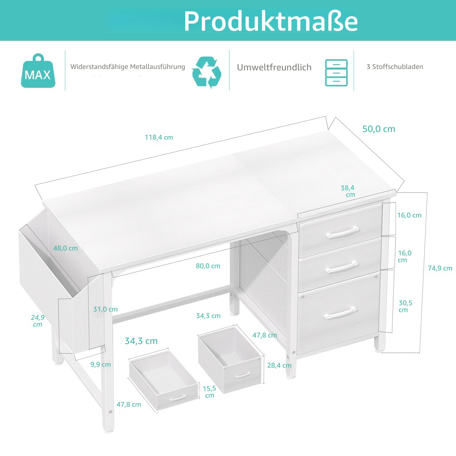 Lufeiya Schreibtisch mit 3 Schubladen Klein Schreibtisch weiß 120x50cm Computertisch mit Stauraum Bürotisch Für Wohnzimmer Office Mädchen
