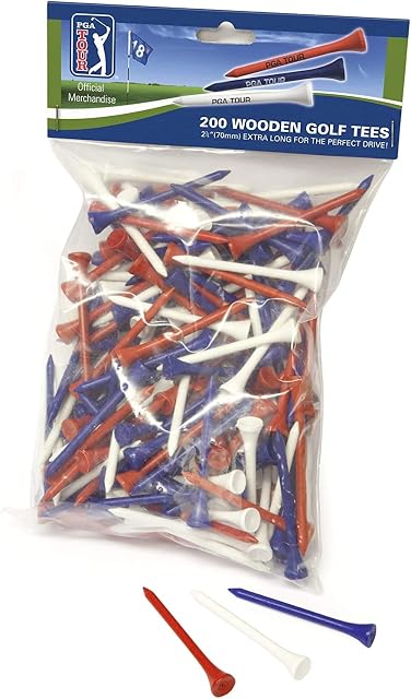 PGA TOUR 200 Wooden Golf Tees - Red/White/Blue, 70 mm
