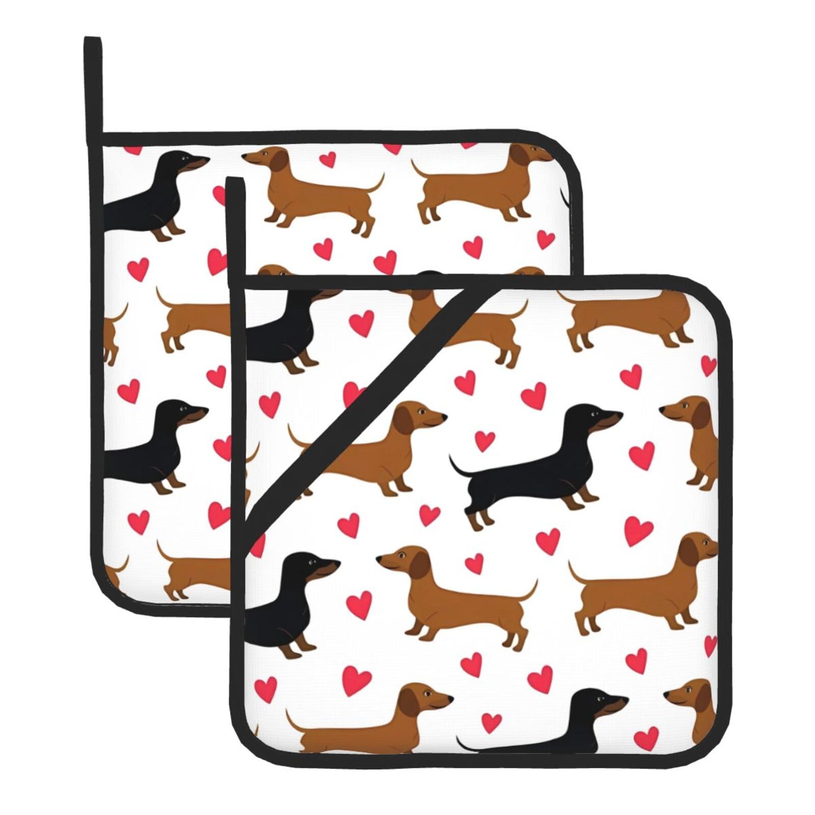 YYHWHJDE Romantic Dachshunds Prints Square Hot Pads for Kitchen Counter - Waterproof Pot Holders, Durable Oven Mitt Layers with Hanging Loop, Heat Resistant Trivets (2-Pack)