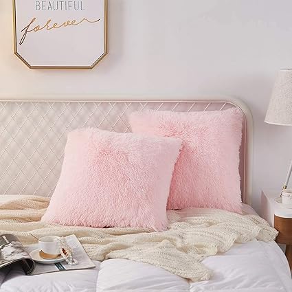 Mellifluous Pack of 2 Pink Faux Fur Fuzzy Cozy Soft Decorative Throw Pillow Covers Set Cushion Cases Pillowcases for Sofa Bedroom Car Cushion Cover Only (16x16, Pink)