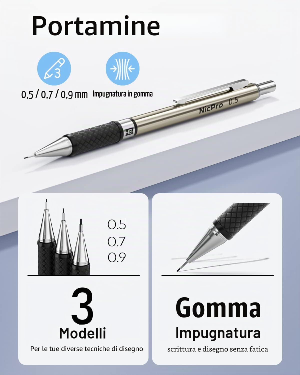 Nicpro 6 Pezzi Metallo Matite Meccaniche Set, 0,5 mm 0,7 mm 0,9 mm 2mm, Portamine con 12 Tubo Mine, Gomma, Temperamatite, Astuccio per Artista