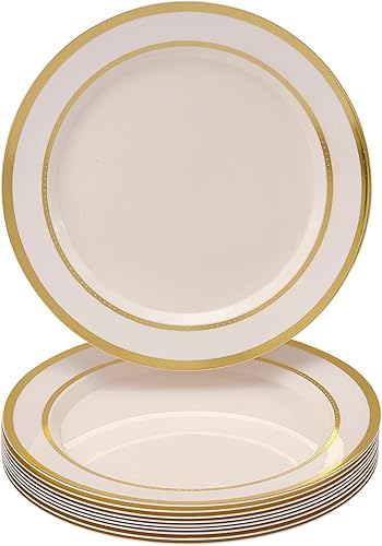 Miniatura 3 de Silver Spoons Platos de plástico desechables dorados y blancos, elegantes platos de plástico para fiestas, 10 platos llanos, 10.25 pulgadas,