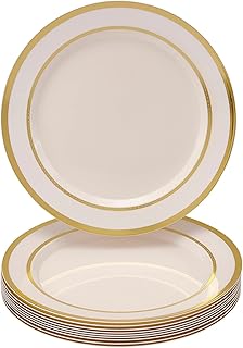 Silver Spoons Elegant Gold Trim Plastic Plates – Plastic Plates for Wedding Reception – 10 Dinner Plates – 10.25” – Ritz Collection - Ivory/Gold